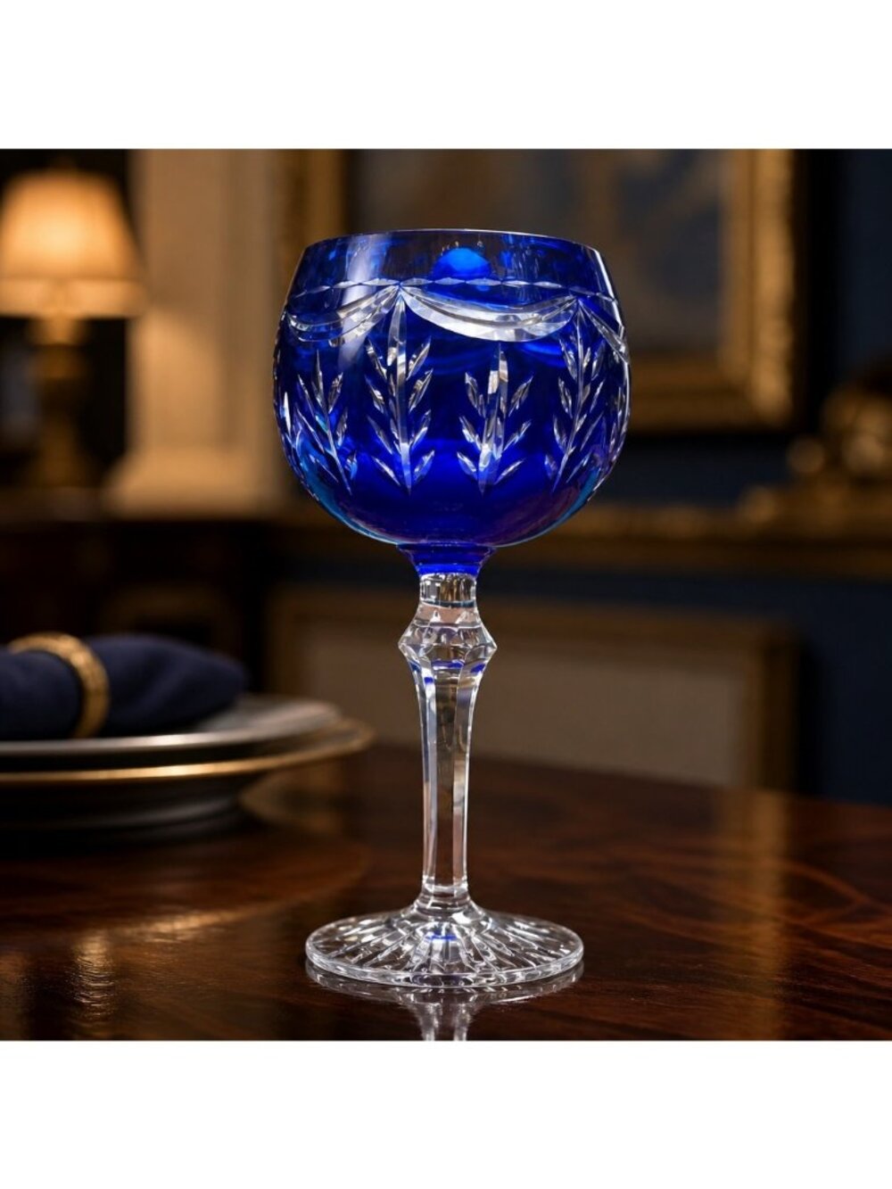 Cobalt Blue Crystal Wine Goblet With Intricate Cut Glass Design & Clear Stem